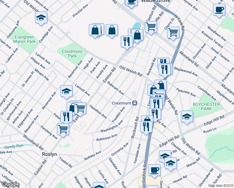 map of restaurants, bars, coffee shops, grocery stores, and more near 1673 Fairview Avenue in Willow Grove