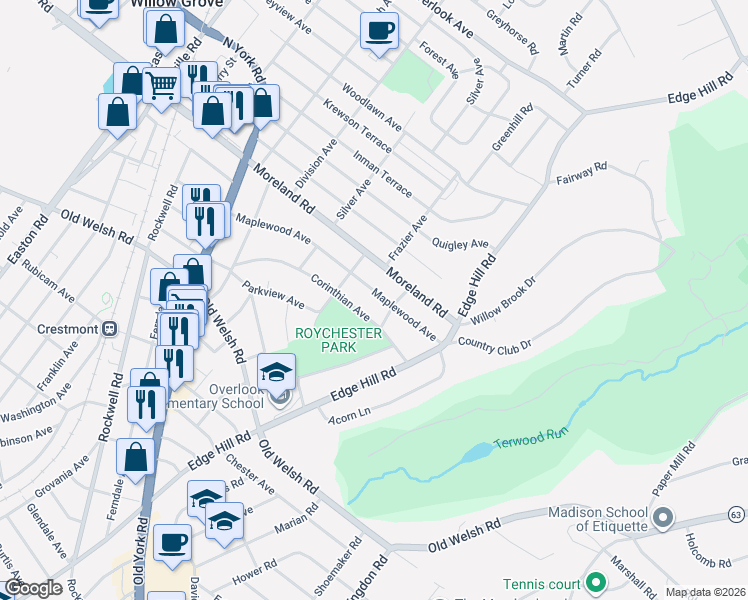 map of restaurants, bars, coffee shops, grocery stores, and more near 1967 Corinthian Avenue in Abington