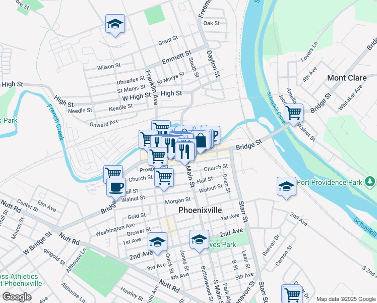 map of restaurants, bars, coffee shops, grocery stores, and more near 202 Bridge Street in Phoenixville
