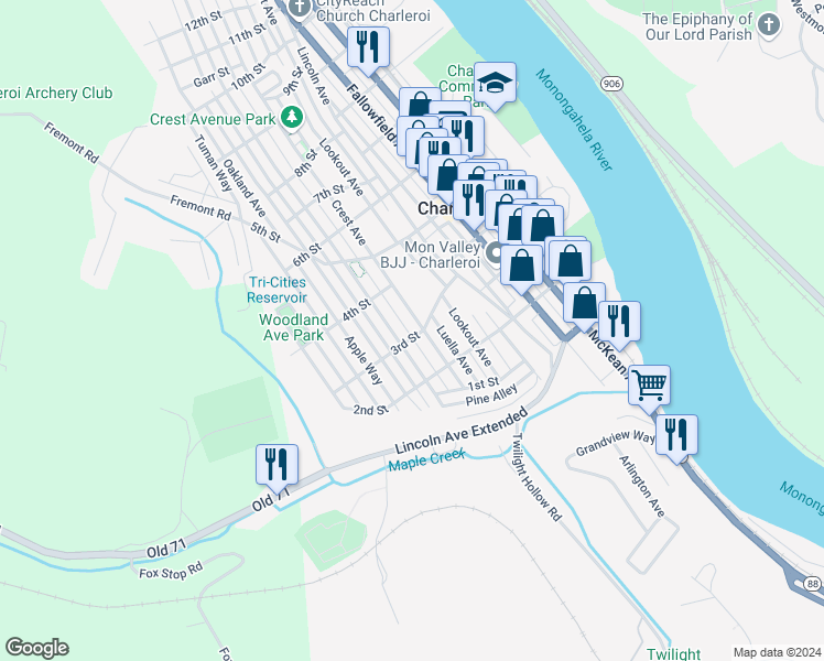 map of restaurants, bars, coffee shops, grocery stores, and more near 216 Crest Avenue in Charleroi