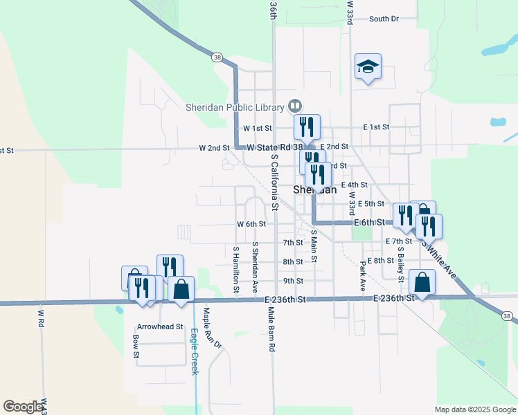 map of restaurants, bars, coffee shops, grocery stores, and more near 411 Elm Avenue in Sheridan