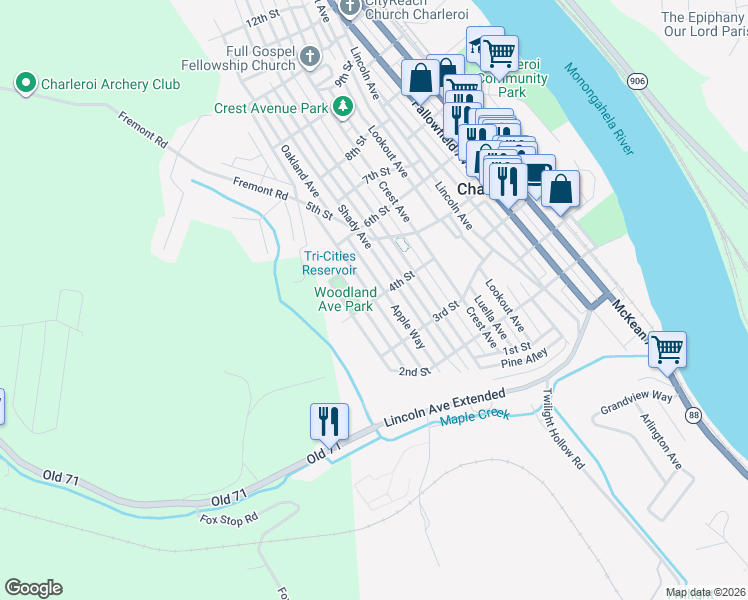 map of restaurants, bars, coffee shops, grocery stores, and more near 401 Oakland Avenue in Charleroi