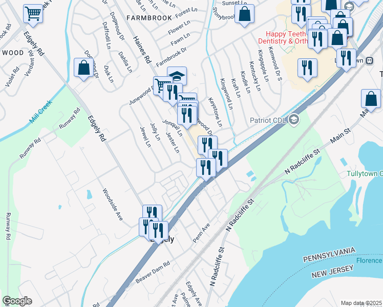 map of restaurants, bars, coffee shops, grocery stores, and more near 14 Jonquil Lane in Levittown