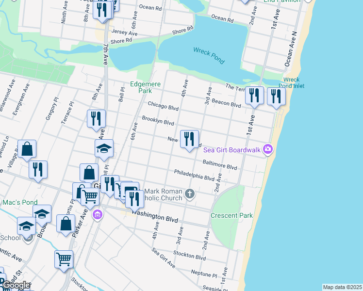 map of restaurants, bars, coffee shops, grocery stores, and more near 314 New York Boulevard in Sea Girt