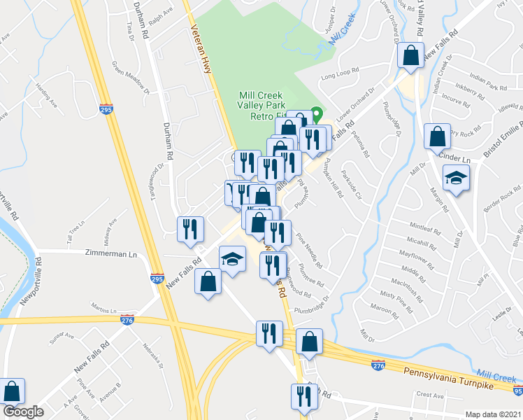 map of restaurants, bars, coffee shops, grocery stores, and more near 4362 New Falls Road in Levittown