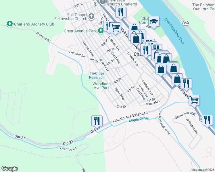 map of restaurants, bars, coffee shops, grocery stores, and more near 401 Oakland Avenue in Charleroi