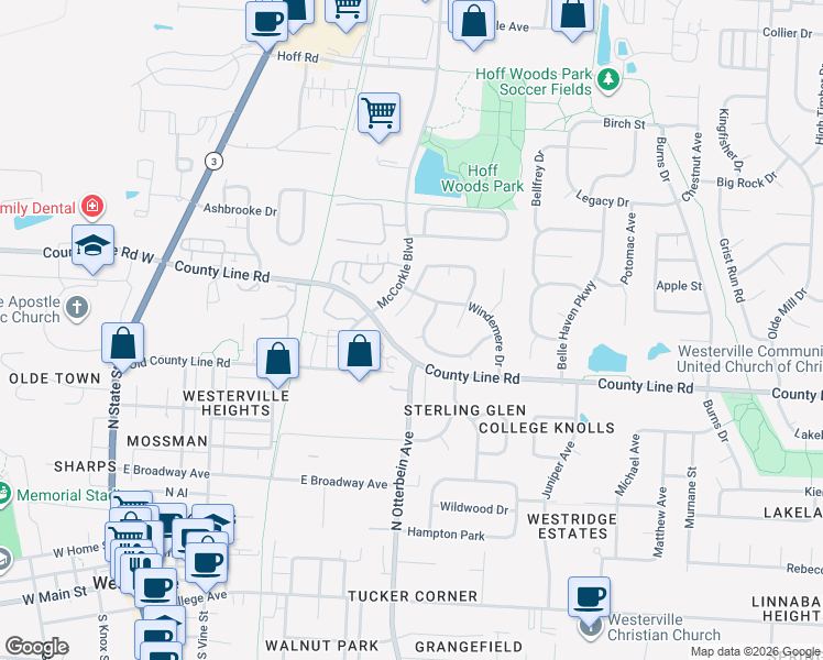 map of restaurants, bars, coffee shops, grocery stores, and more near 337 Aylesbury Court in Westerville