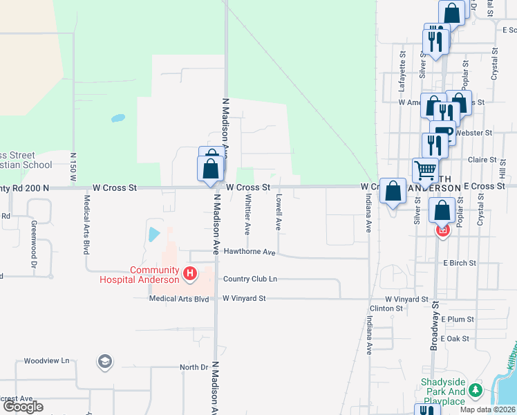 map of restaurants, bars, coffee shops, grocery stores, and more near 1904 Whittier Avenue in Anderson