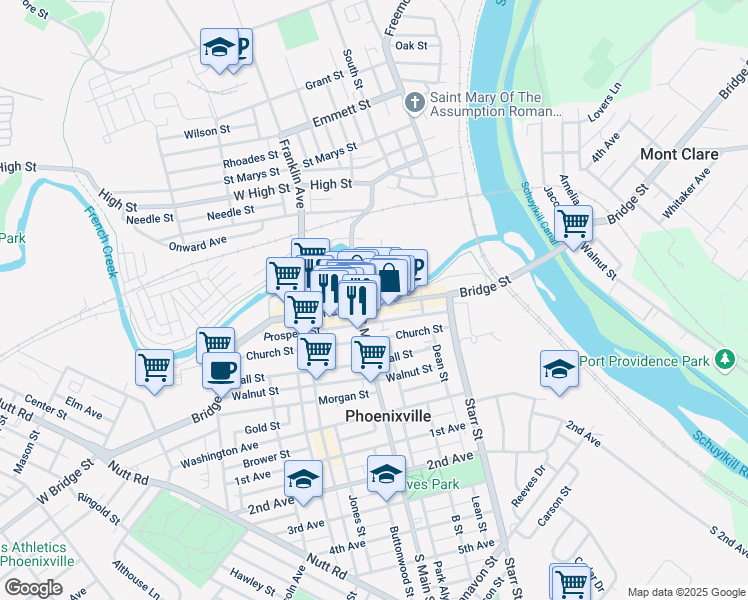 map of restaurants, bars, coffee shops, grocery stores, and more near None in Phoenixville