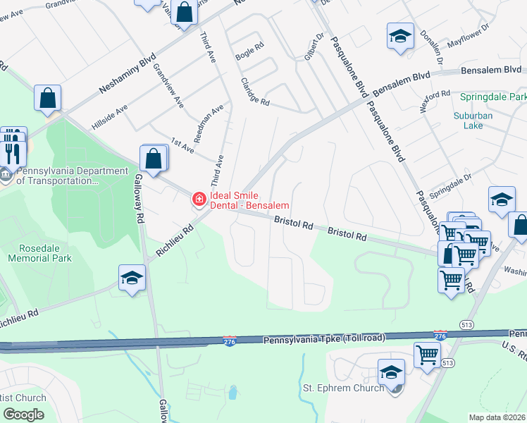 map of restaurants, bars, coffee shops, grocery stores, and more near 4502 Rosemarie Drive in Bensalem