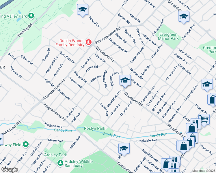 map of restaurants, bars, coffee shops, grocery stores, and more near 1315 Partridge Road in Abington