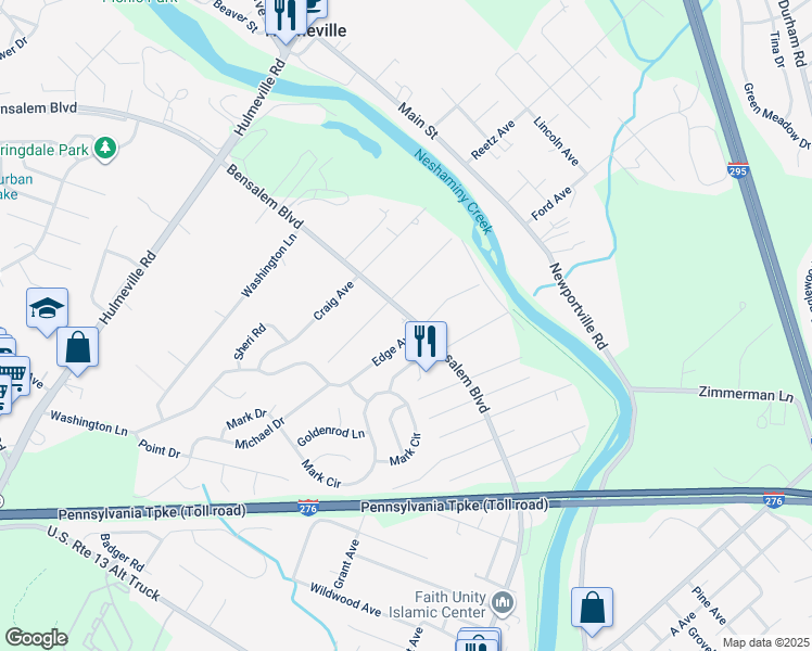 map of restaurants, bars, coffee shops, grocery stores, and more near 1512 Bensalem Boulevard in Bucks County