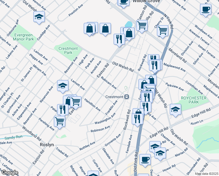 map of restaurants, bars, coffee shops, grocery stores, and more near 1673 Fairview Avenue in Willow Grove