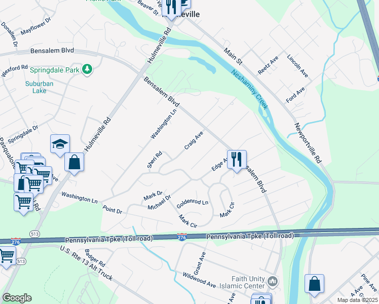 map of restaurants, bars, coffee shops, grocery stores, and more near 6183 Craig Avenue in Bensalem