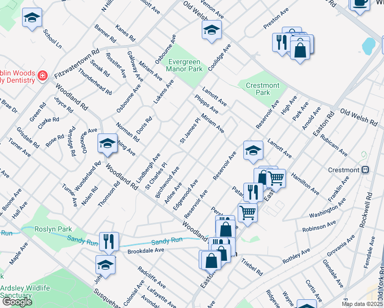 map of restaurants, bars, coffee shops, grocery stores, and more near 1503 Birchwood Avenue in Abington
