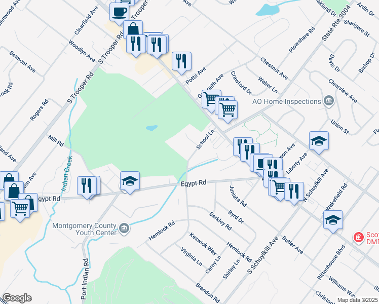 map of restaurants, bars, coffee shops, grocery stores, and more near 63 School Lane in Norristown