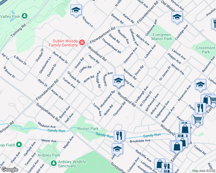 map of restaurants, bars, coffee shops, grocery stores, and more near 1337 Osbourne Avenue in Roslyn