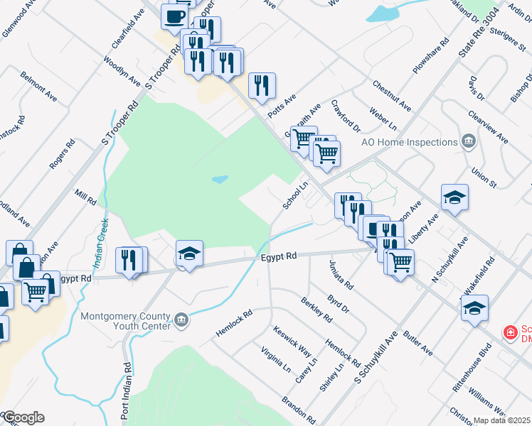 map of restaurants, bars, coffee shops, grocery stores, and more near 63 School Lane in Norristown