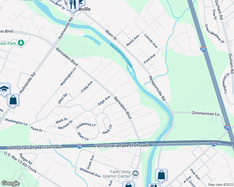 map of restaurants, bars, coffee shops, grocery stores, and more near 1419 Bensalem Boulevard in Bensalem