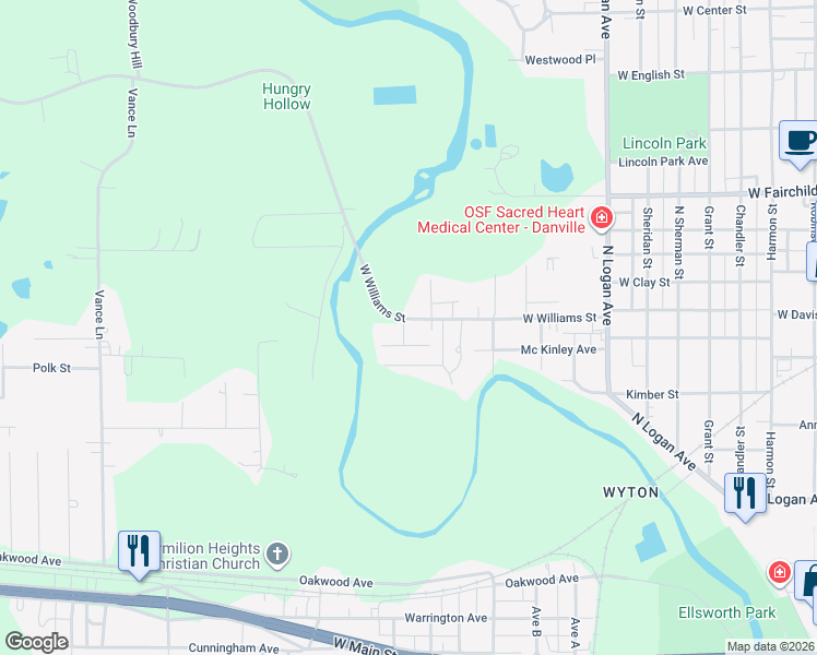 map of restaurants, bars, coffee shops, grocery stores, and more near 1400 West Williams Street in Danville