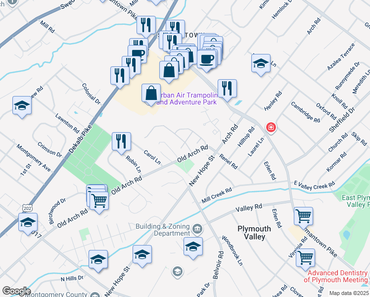 map of restaurants, bars, coffee shops, grocery stores, and more near 2402 Vincent Way in East Norriton