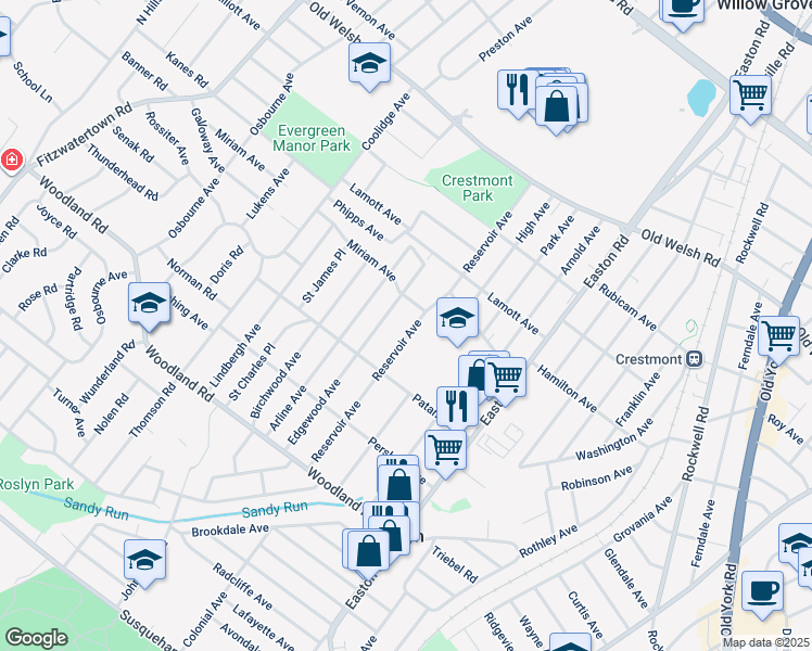 map of restaurants, bars, coffee shops, grocery stores, and more near 1542 Reservoir Avenue in Roslyn