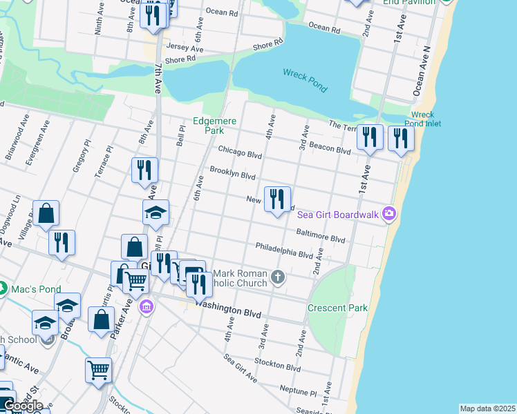 map of restaurants, bars, coffee shops, grocery stores, and more near 314 New York Boulevard in Sea Girt