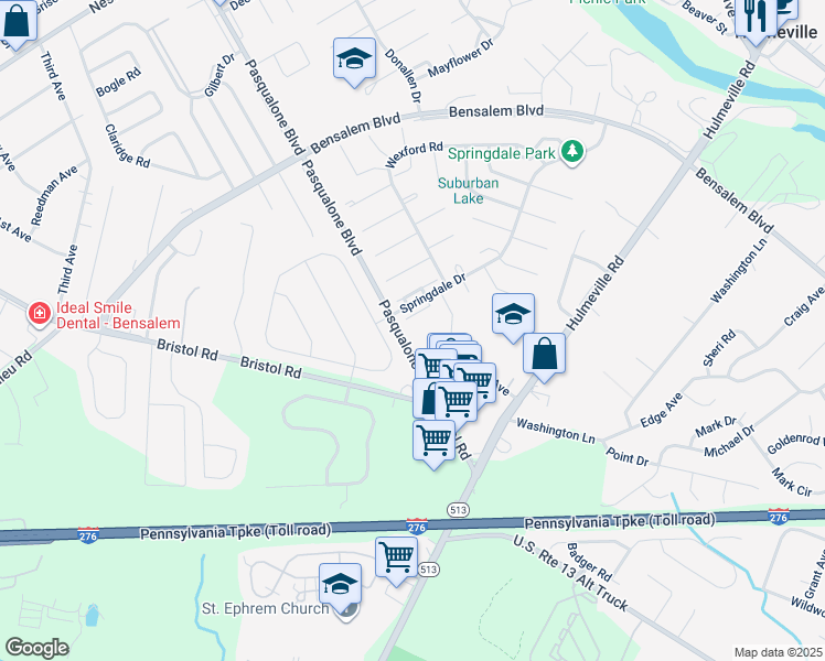 map of restaurants, bars, coffee shops, grocery stores, and more near 5707 Kendall Court in Bensalem