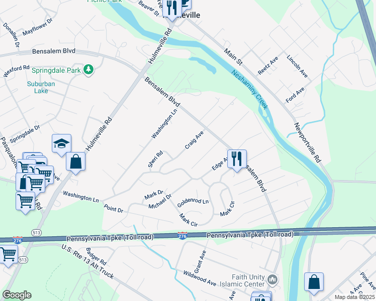 map of restaurants, bars, coffee shops, grocery stores, and more near 6183 Craig Avenue in Bensalem
