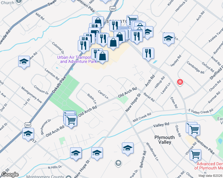map of restaurants, bars, coffee shops, grocery stores, and more near 2311 Old Arch Road in East Norriton