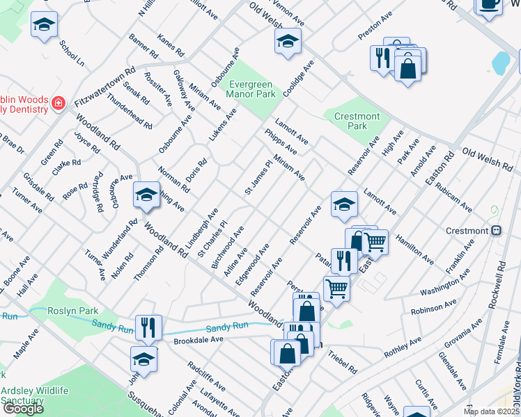 map of restaurants, bars, coffee shops, grocery stores, and more near 1503 Birchwood Avenue in Abington