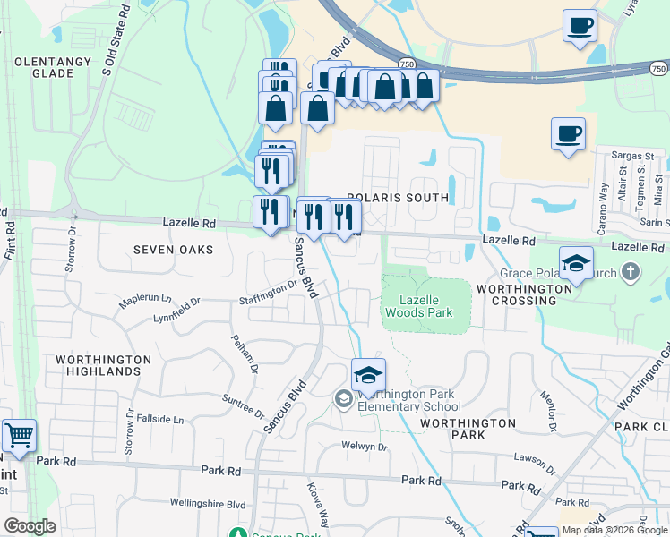 map of restaurants, bars, coffee shops, grocery stores, and more near 8226 Baltimore Avenue in Columbus