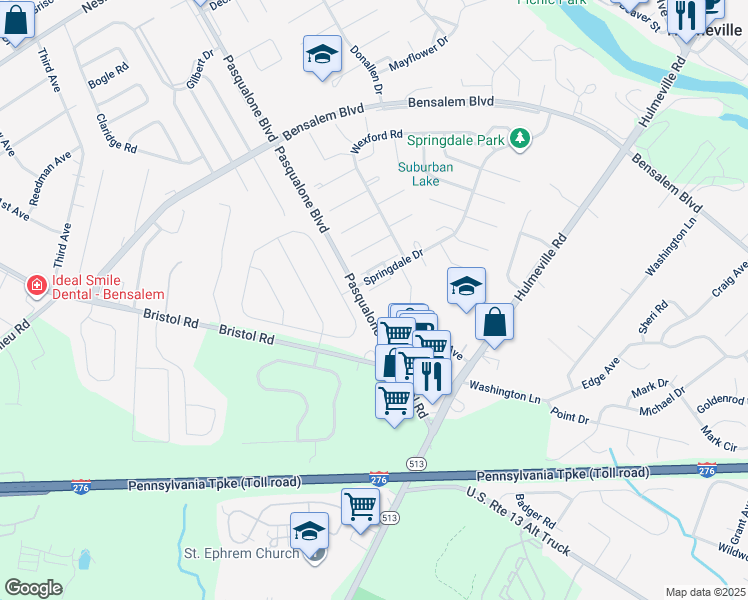 map of restaurants, bars, coffee shops, grocery stores, and more near 5707 Kendall Court in Bensalem