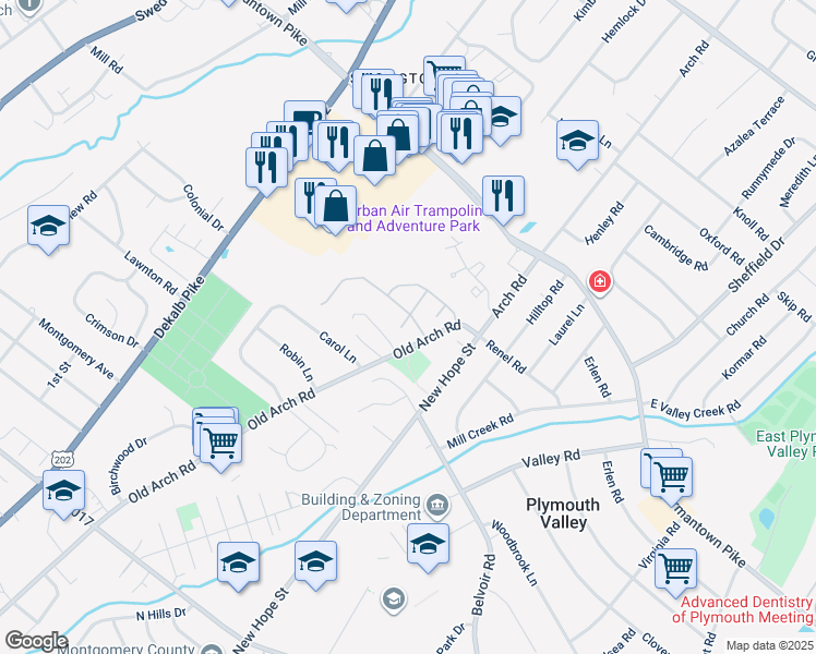 map of restaurants, bars, coffee shops, grocery stores, and more near 2402 Vincent Way in East Norriton