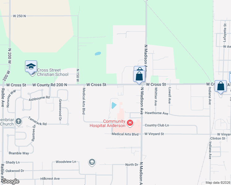 map of restaurants, bars, coffee shops, grocery stores, and more near 1235 West Cross Street in Anderson