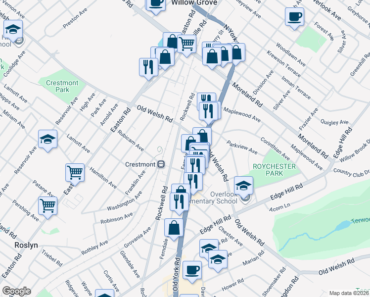 map of restaurants, bars, coffee shops, grocery stores, and more near 1765 Rockwell Road in Abington