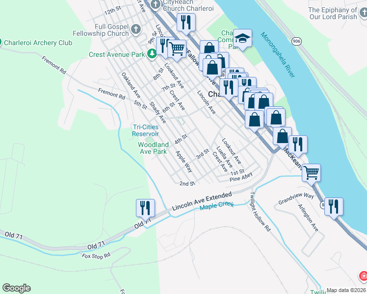 map of restaurants, bars, coffee shops, grocery stores, and more near 317 Shady Avenue in Charleroi