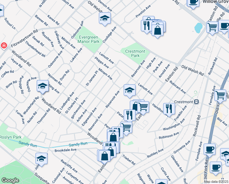map of restaurants, bars, coffee shops, grocery stores, and more near 1542 Reservoir Avenue in Roslyn