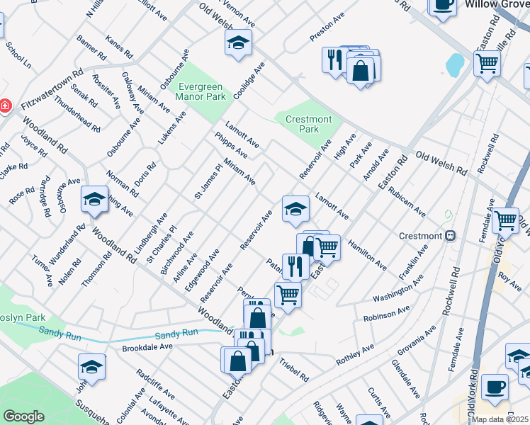 map of restaurants, bars, coffee shops, grocery stores, and more near 1548 Reservoir Avenue in Abington