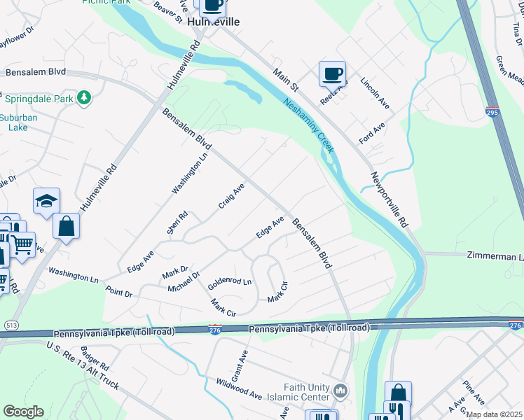 map of restaurants, bars, coffee shops, grocery stores, and more near 6259 Garrett Avenue in Bensalem