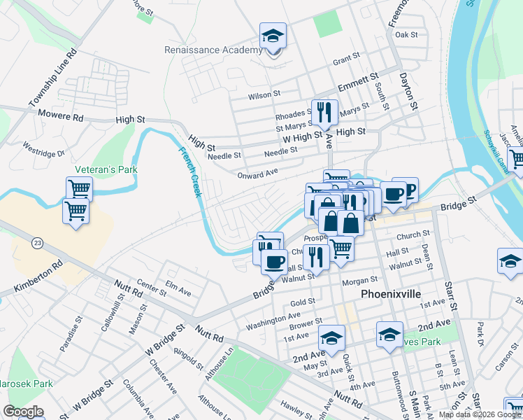 map of restaurants, bars, coffee shops, grocery stores, and more near 98 Paradise Street in Phoenixville