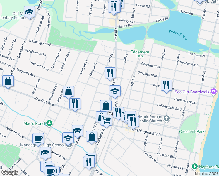 map of restaurants, bars, coffee shops, grocery stores, and more near 701 Philadelphia Boulevard in Sea Girt