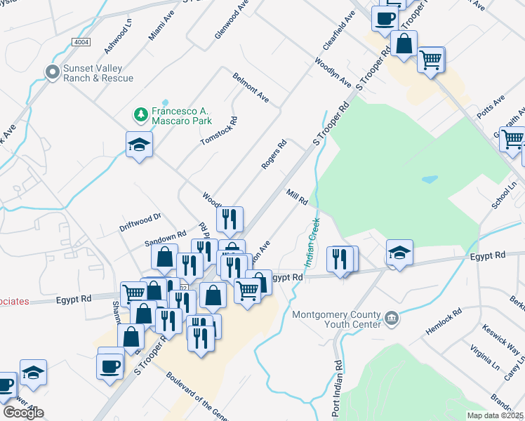 map of restaurants, bars, coffee shops, grocery stores, and more near 317 South Trooper Road in Norristown