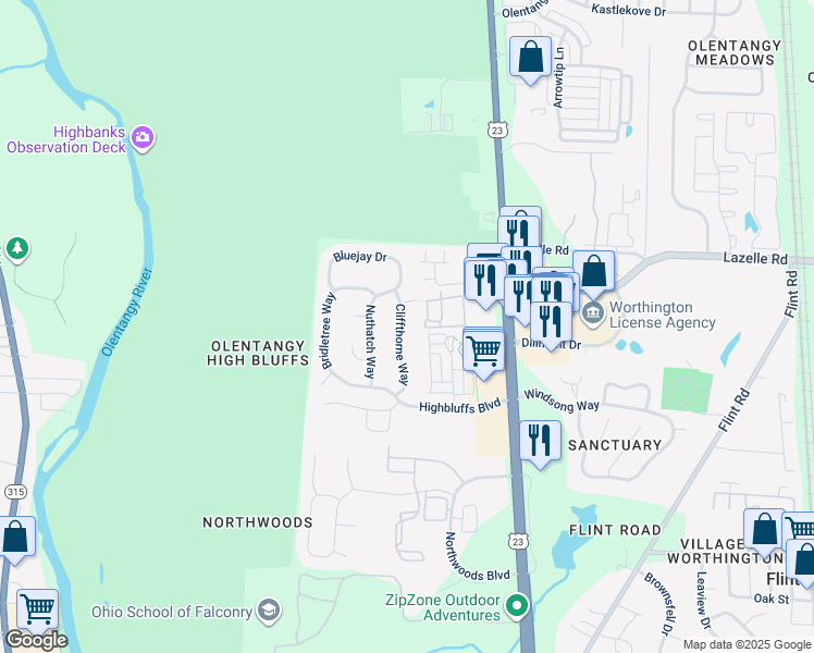 map of restaurants, bars, coffee shops, grocery stores, and more near 8418 Cliffthorne Way in Columbus