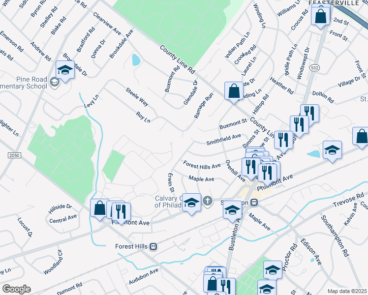 map of restaurants, bars, coffee shops, grocery stores, and more near 14066 Erwin Street in Philadelphia