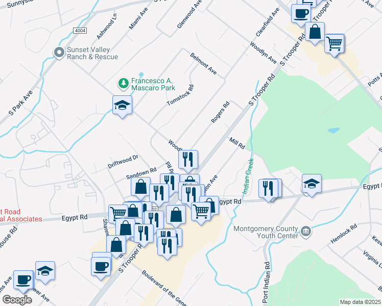 map of restaurants, bars, coffee shops, grocery stores, and more near 326 Rogers Road in Eagleville