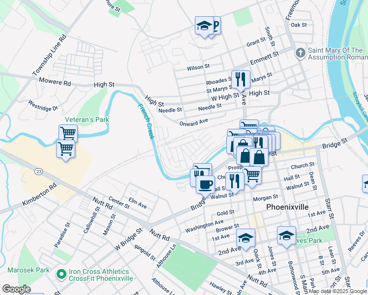 map of restaurants, bars, coffee shops, grocery stores, and more near 539 Bennett Street in Phoenixville