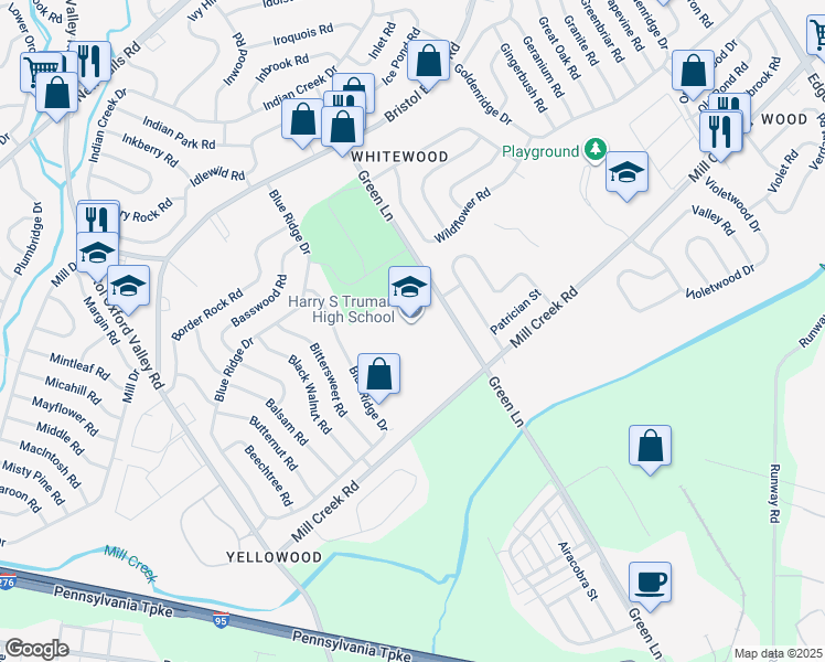 map of restaurants, bars, coffee shops, grocery stores, and more near 3001 Green Lane in Levittown