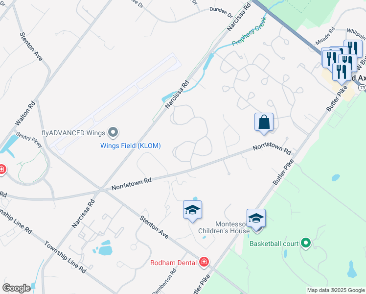 map of restaurants, bars, coffee shops, grocery stores, and more near 124 Orchard Court in Blue Bell