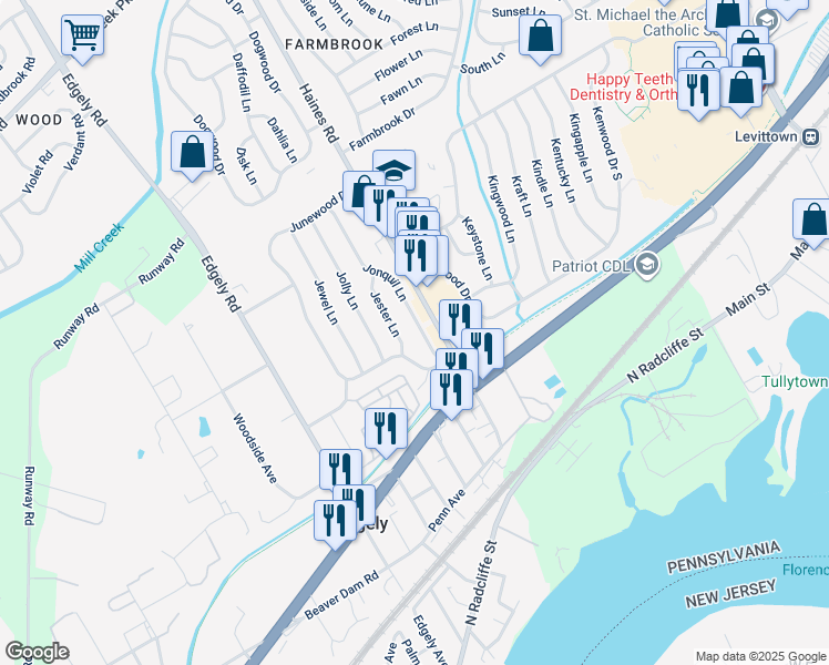 map of restaurants, bars, coffee shops, grocery stores, and more near 19 Jonquil Lane in Levittown